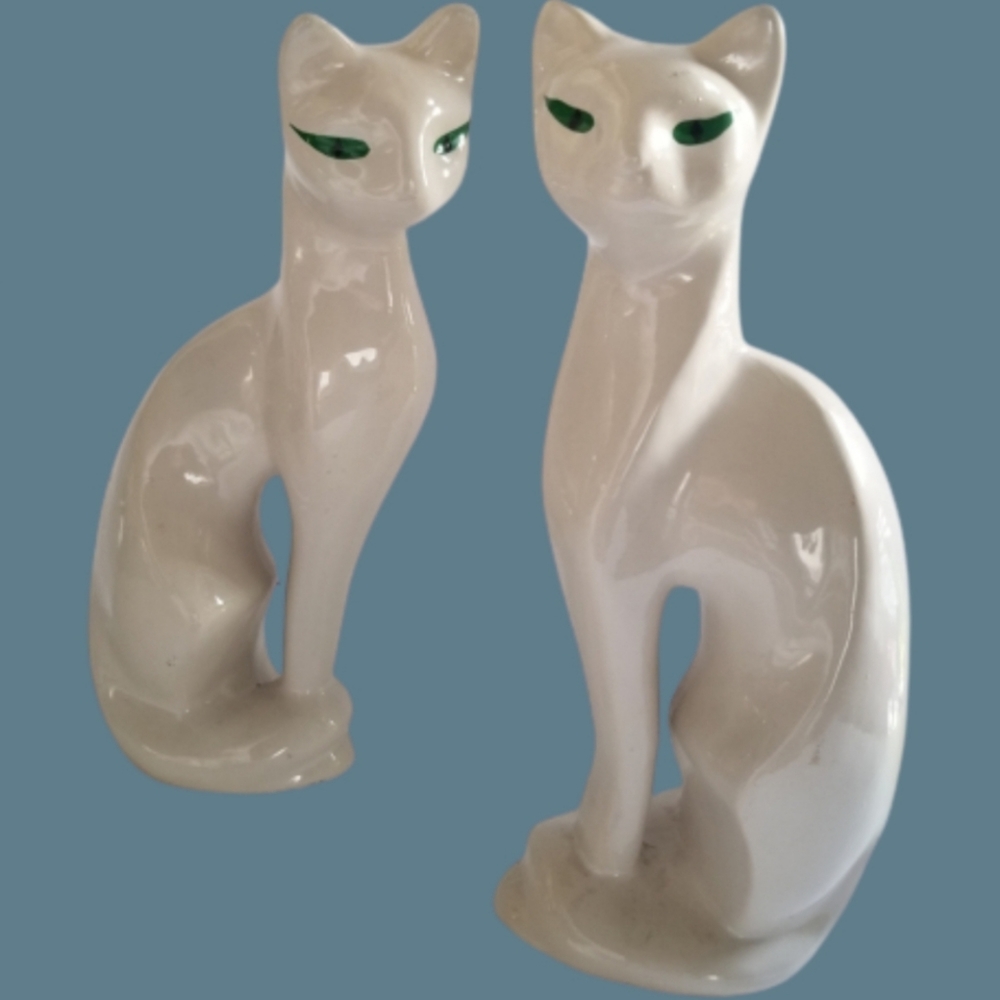 Vintage MCM Retro Ceramic White Cats Set of 2 50's 60's VTG